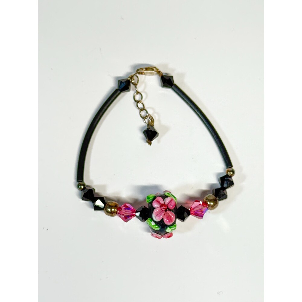 Sterling Silver Lampwork Bead Bracelet Floral Glass Crystal Adjustable 7”